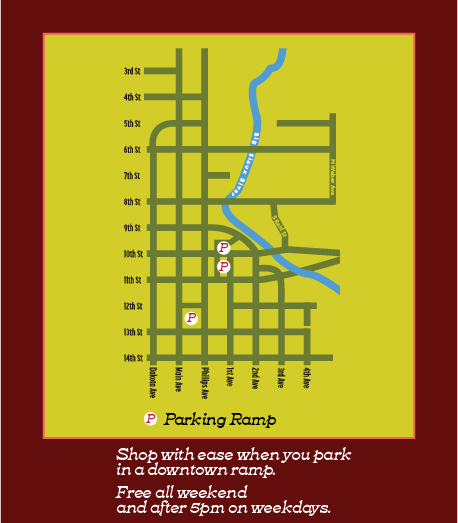 Image of downtown map with parking ramps notated near 10th & 1st, 11th & 1st, and 13th & Main. Caption reads: Shop with ease when you park in a downtown ramp. Free all weekend and after 5pm on weekdays.